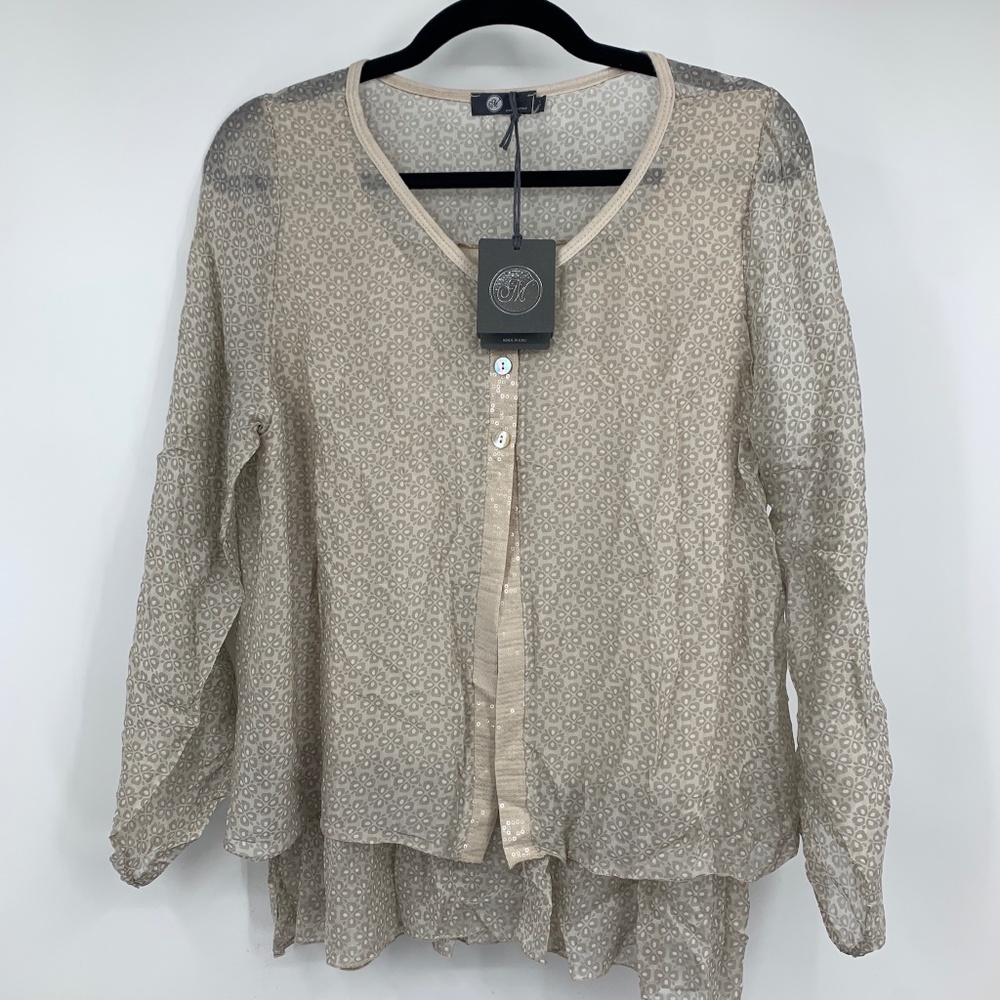 M Made in Italy XS blouse floral sequins flowy silk‎ blend roll tab romantic NEW